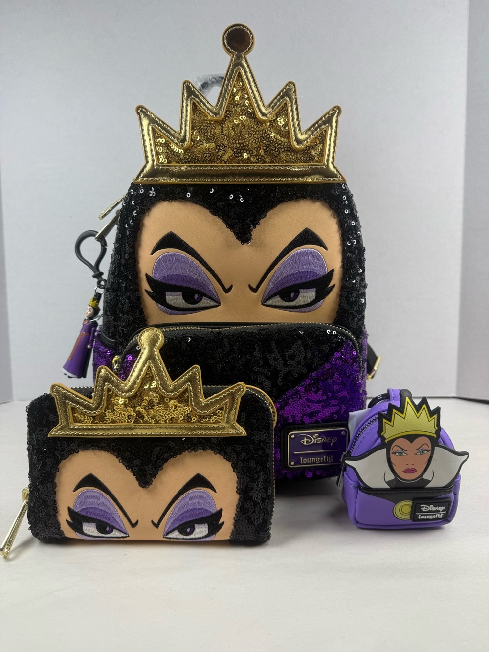 Loungefly Evil Queen Sequin Mini Backpack, Wallet, and Charm - Exclusive HTF